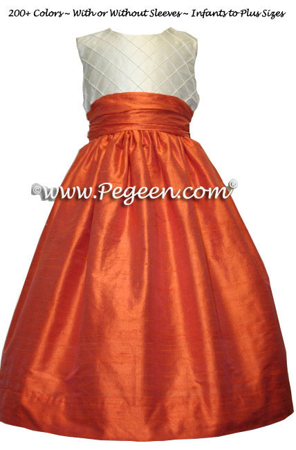 Flower girl dress in orange and ivory silk trellis fabric style 357 | Pegeen