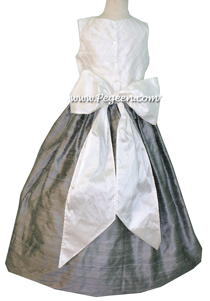 Flower Girl Dress in White and Silver Gray with silk trellis pattern Style 357 | Pegeen