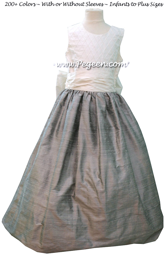 Flower Girl Dress in White and Silver Gray with silk trellis pattern Style 357 | Pegeen