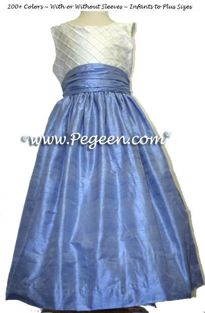 Custom Blue and White Pin Tuck Silk Style 357 Silk FLOWER GIRL DRESSES by PEGEEN