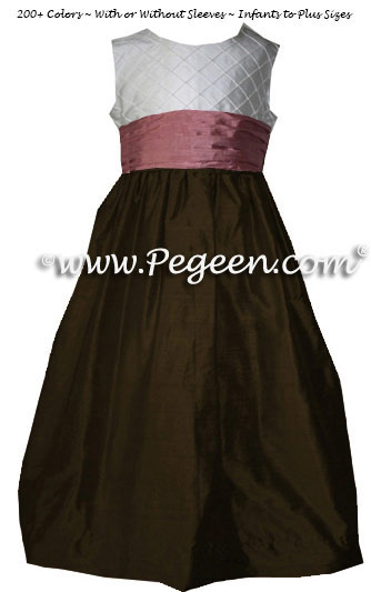 Dark Chocolate Brown and Rum Pink and White Pin Tuck Bodice custom  flower girl dresses