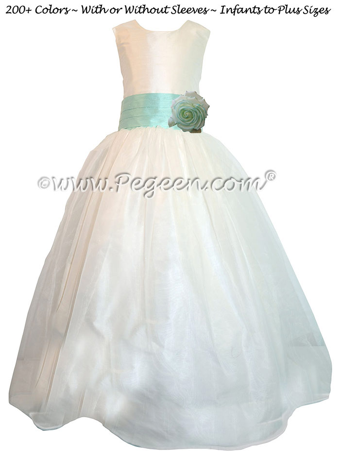 Custom Aqualine and New Ivory organza Silk Style 359 flower girl dress by Pegeen