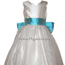 Flower Girl Dresses in Antique White and Bahama Breeze