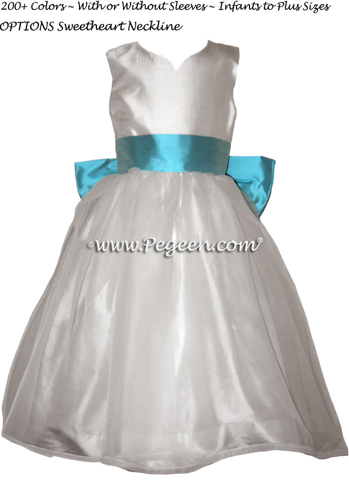 FLOWER GIRL DRESSES in Antique White and Bahama Breeze