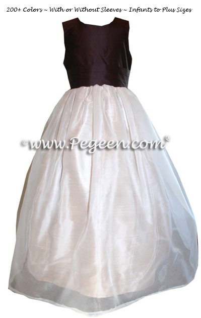 Ivory, Buttercreme and Semi-Sweet brown silk and organza custom flower girl dresses by Pegeen.com