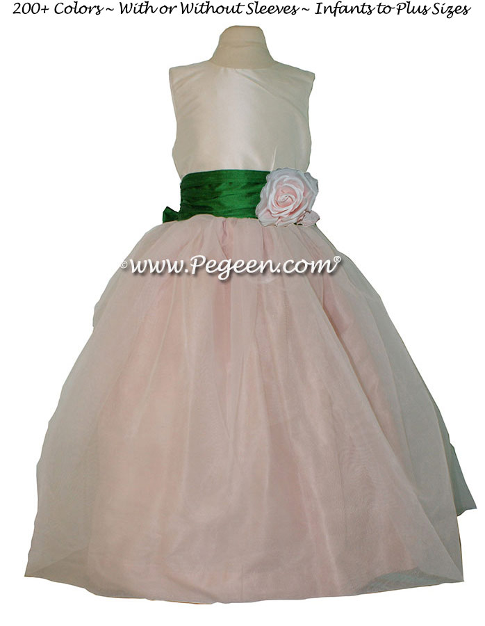 Petal Pink, Emerald Green and New Ivory silk Custom Flower Girl Dresses by Pegeen