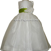 grass green and Antique White organza CUSTOM Flower Girl Dresses and front flower
