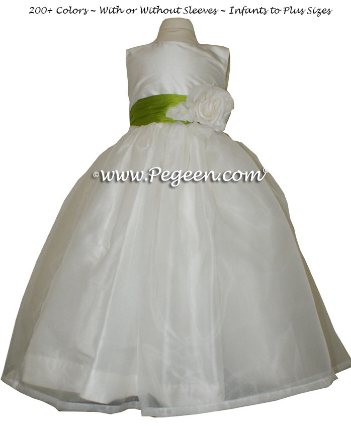 Grass Green and Antique White organza custom silk flower girl dresses