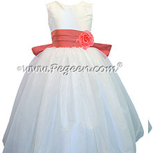 Melon and Antique White Organza Flower Girl Dresses with Pleated Sash