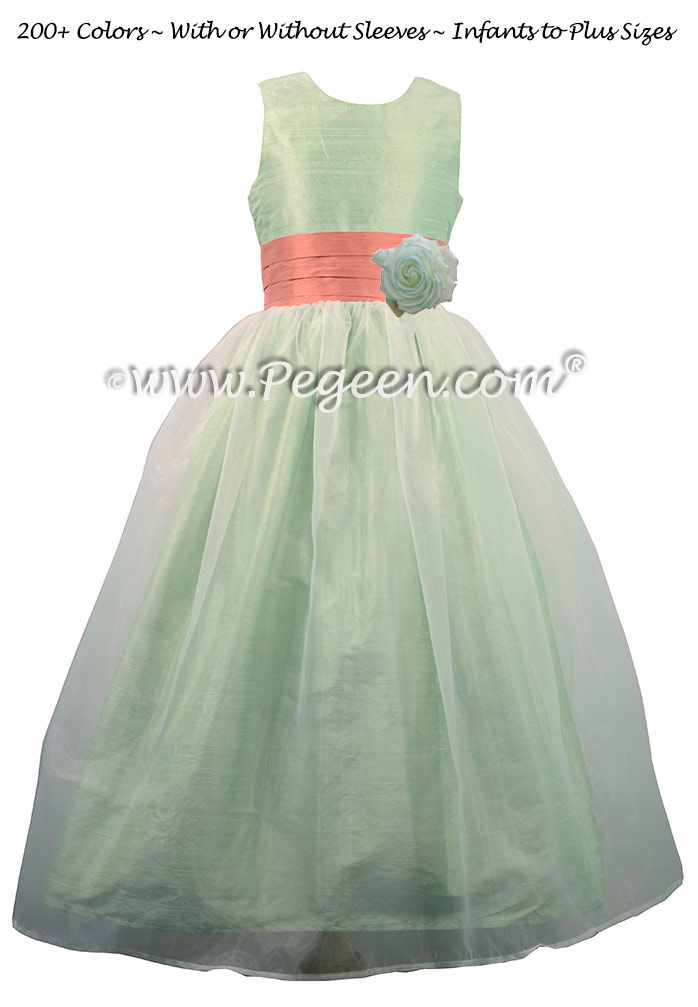 Sunset and Summer Green with Organza custom Flower Girl Dress by Pegeen