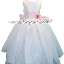 Petal Pink and Antique White Organza Flower Girl Dresses with Pleated Sash