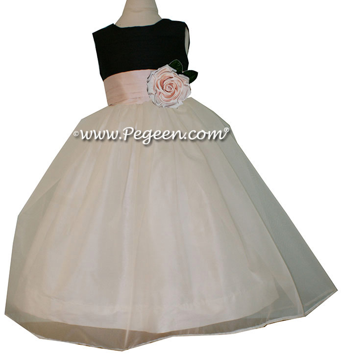 Black and Baby Pink silk with Pink Organza CUSTOM FLOWER GIRL DRESSES by Pegeen