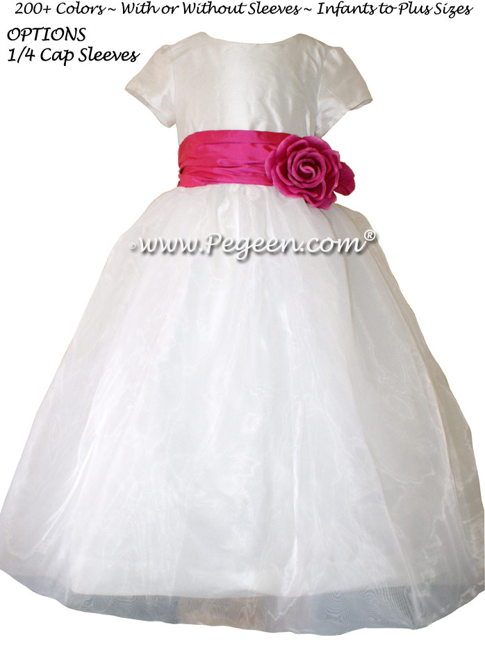 Shock Pink and Antique White silk Custom Flower Girl Dresses by Pegeen