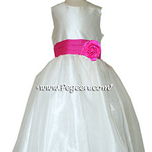 Shock (hot pink) and Antique White organza CUSTOM Flower Girl Dresses With Front Flower 