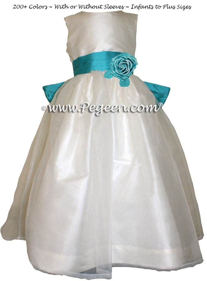 Turquoise and New Ivory Tahiti Silk Flower Girl Dresses Style 359