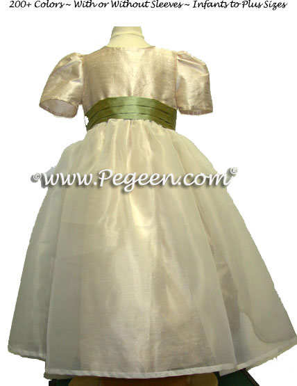 Custom Toffee and Harvest Green Silk Organza Flower Girl Dresses