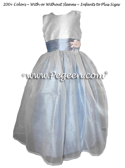 White and Blue Denim Flower Girl Dresses Style 359 with Flower and Organza Skirt