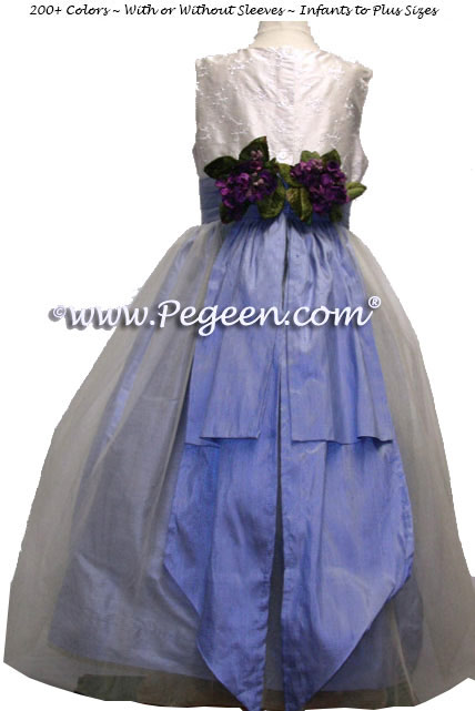 White embroidered bodice and ocean blue Silk and Organza Flower Girl Dress