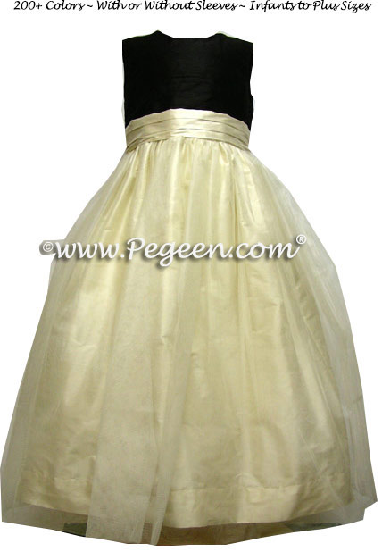 New Ivory and Black Flower Girl Dress with Bustle and Back Flowers
