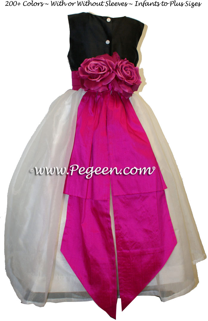 Hot Pink (Boing) and Black Flower Girl Dress with Bustle and Back Flowers
