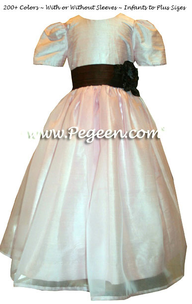 Ivory, Petal Pink and Semi-Sweet brown silk and organza custom flower girl dresses