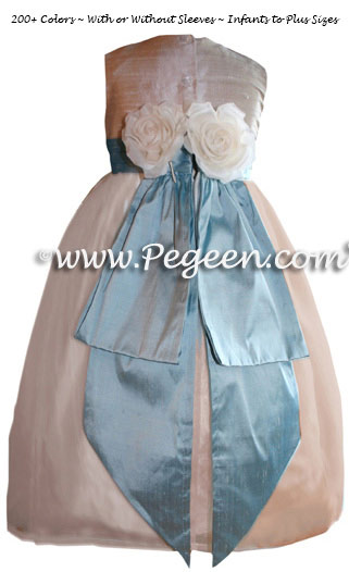 Silk organza flower girl dress in Toffee (champagne) and Caribbean Blue style 313