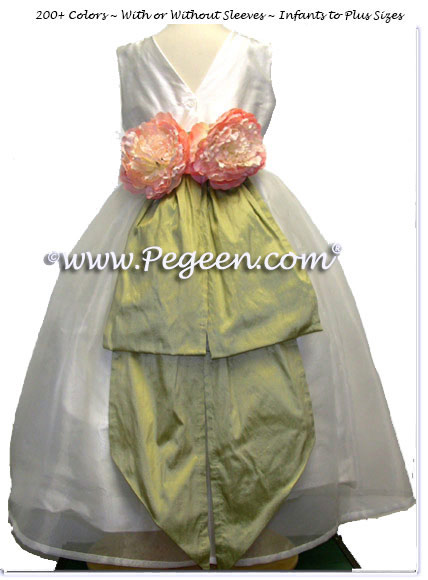 New Ivory and Celery Green Silk Flower Girl Dress with Bustle and Back Flowers