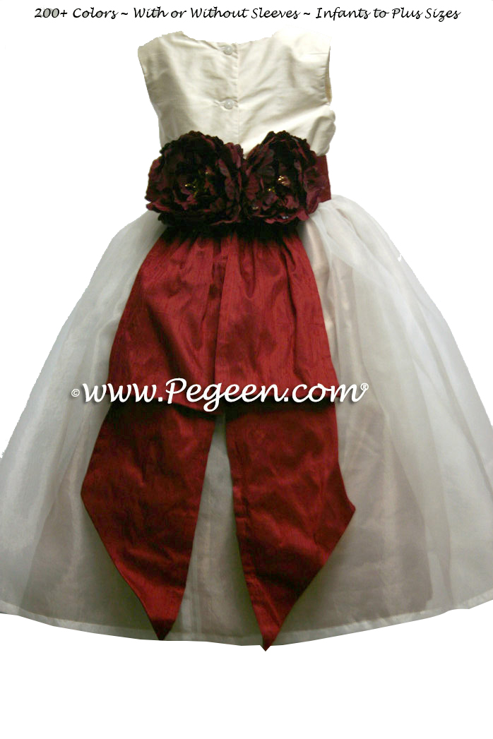 Silk organza flower girl dress in gold, cranberry and bisque style 313