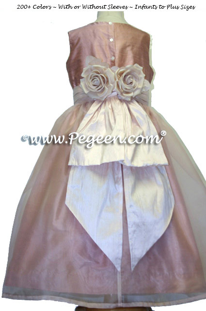 Blush and Rum Pink Silk Flower Girl Dress with Bustle and Back Flowers