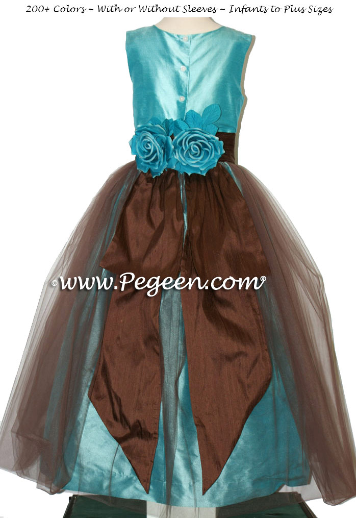 Silk organza flower girl dress in Tiffany Blue and Chocolate Brown with Brown tulle