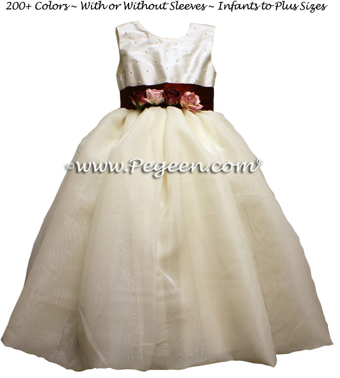 Silk organza flower girl dress in Burgundy and New Ivory Pegeen Classic Style 355