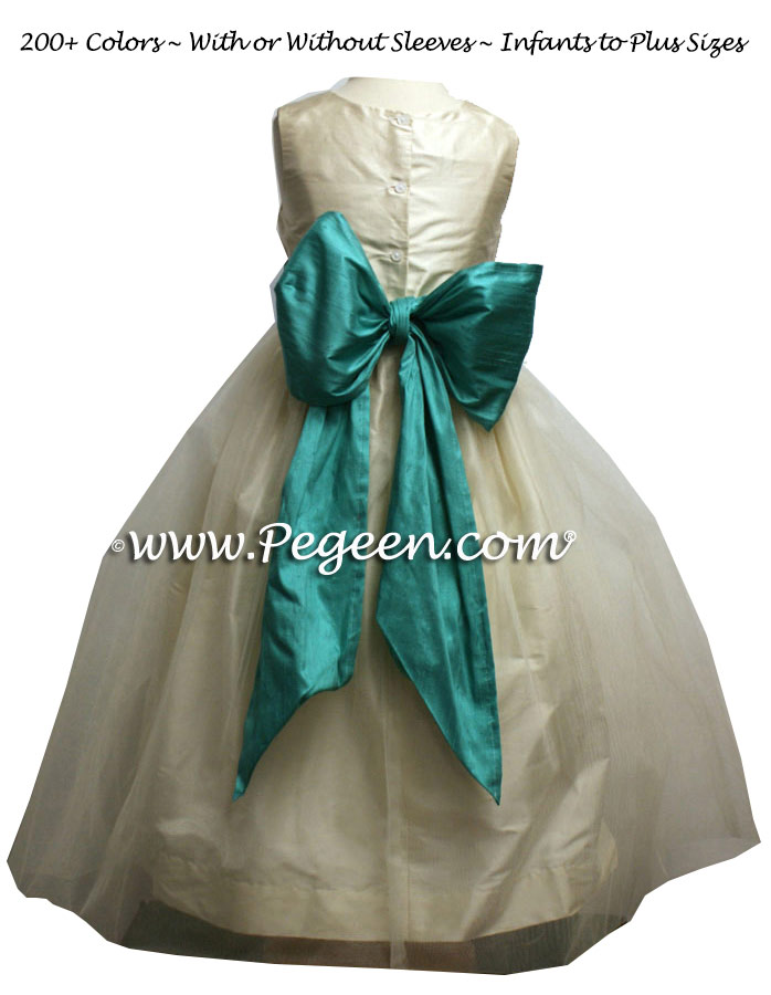 New Ivory and Bermuda blue silk and tulle flower girl dress from Pegeen Classics