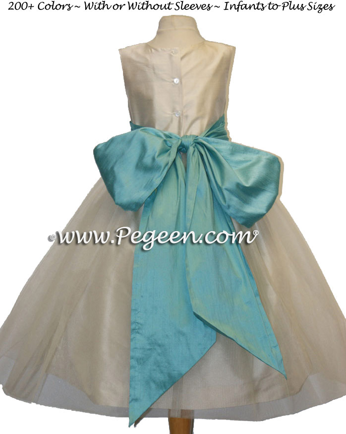 Bisque and Seashore Teal Silk with Tulle Flower Girl Dress
