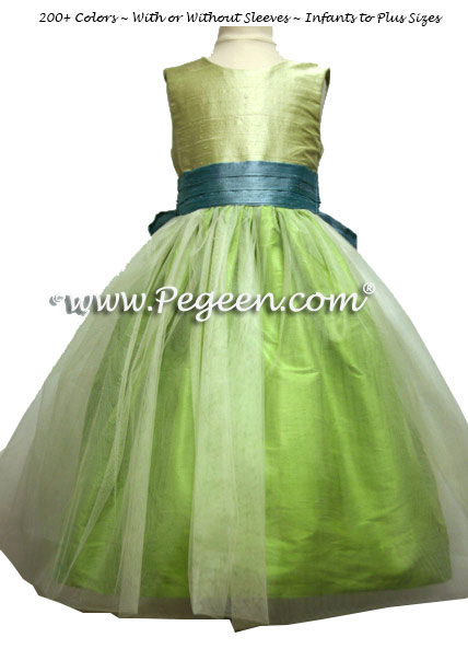 Summer green, blue and apple tulle flower girl dress