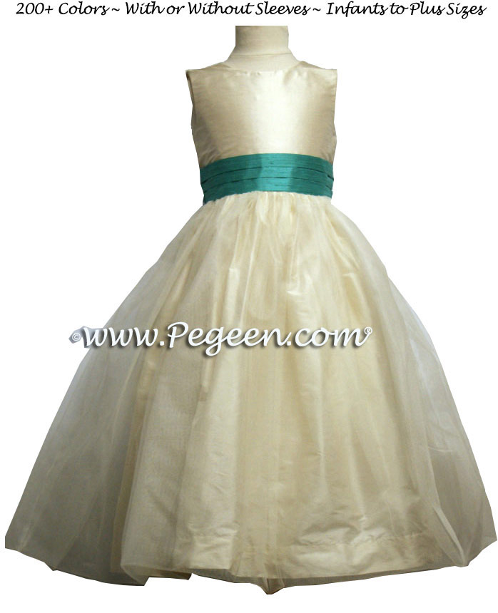 New Ivory and Bermuda blue silk and tulle flower girl dress from Pegeen Classics