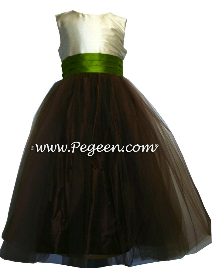 CHOCOLATE BROWN AND GRASS GREEN SILK TULLE FLOWER GIRL DRESS STYLE 356