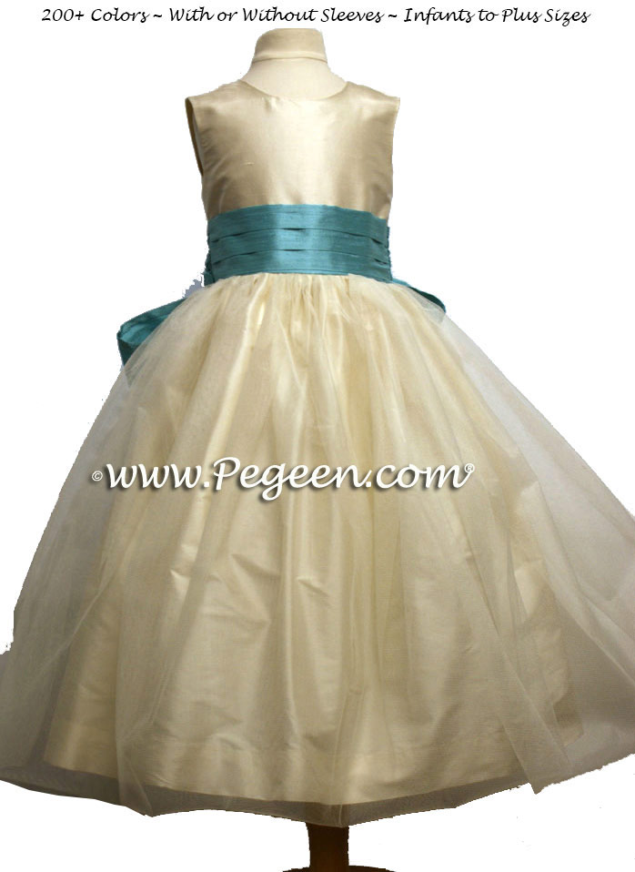 Bisque and Seashore Teal Silk with Tulle Flower Girl Dress