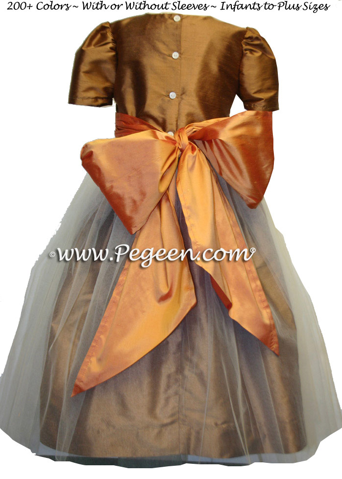 Ginger and Sunset Orange Silk and Tulle Flower Girl Dress