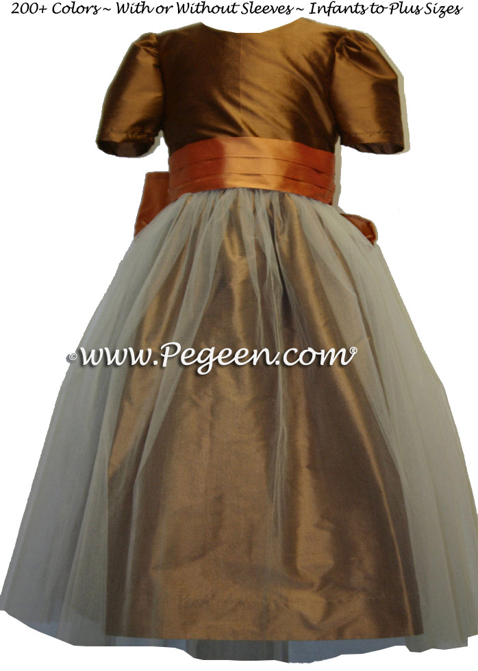 Ginger and Sunset Orange Silk and Tulle Flower Girl Dress