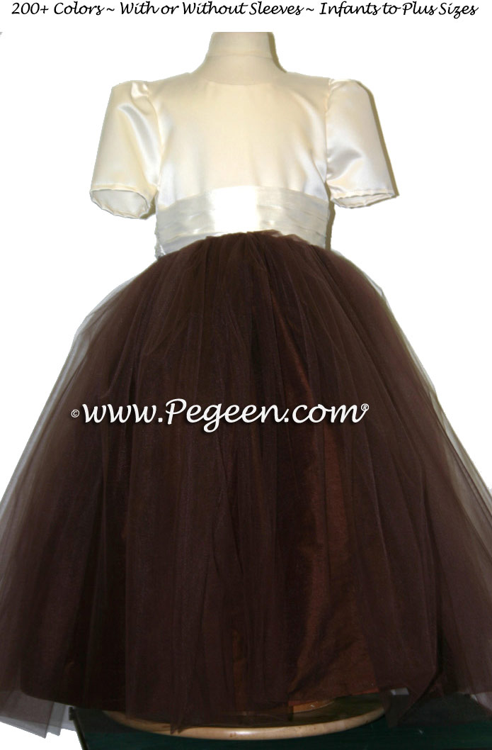 Brown chocolate sash with ivory tulle flower girl dresses from Pegeen Classics