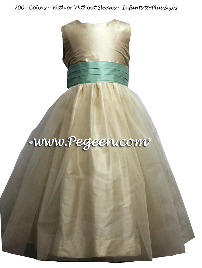 Flower girl dress style 356 in Ivory Bisque and Aqua | Pegeen