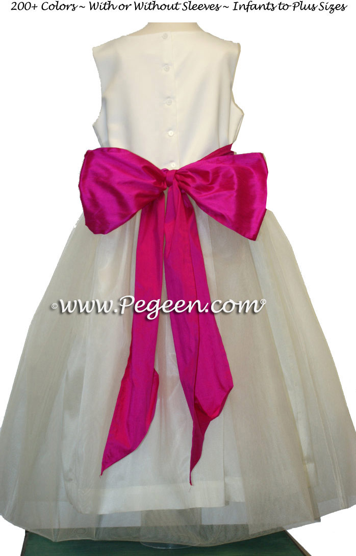 White Satin and fuschia pink silk and tulle flower girl dresses