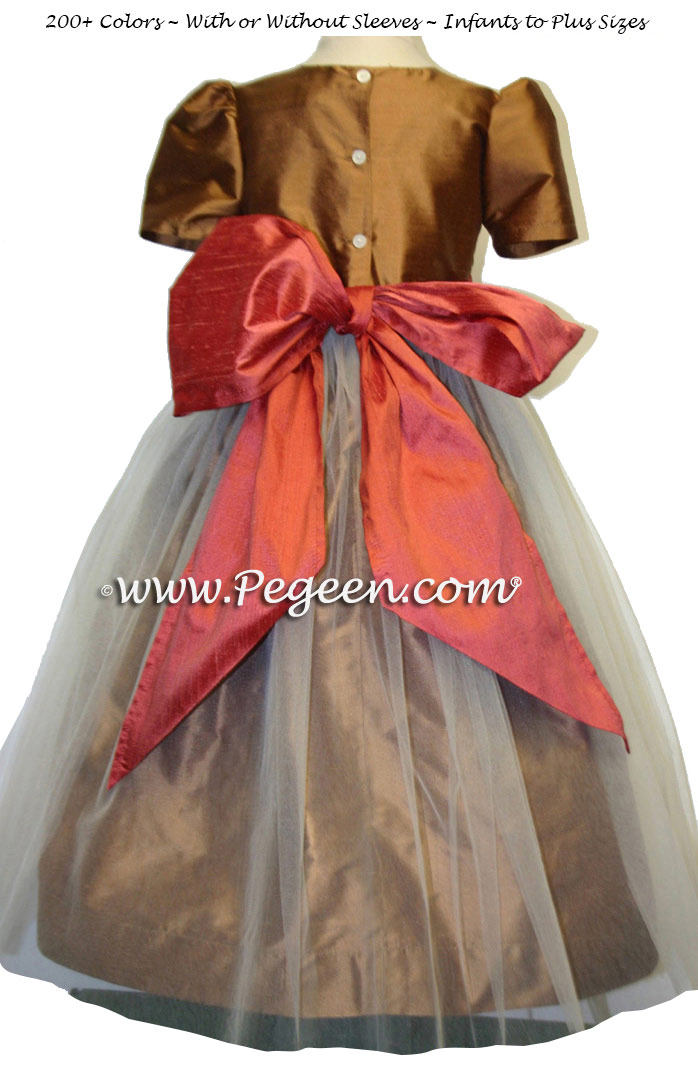 Ginger and Sunset Orange Silk and Tulle Flower Girl Dress