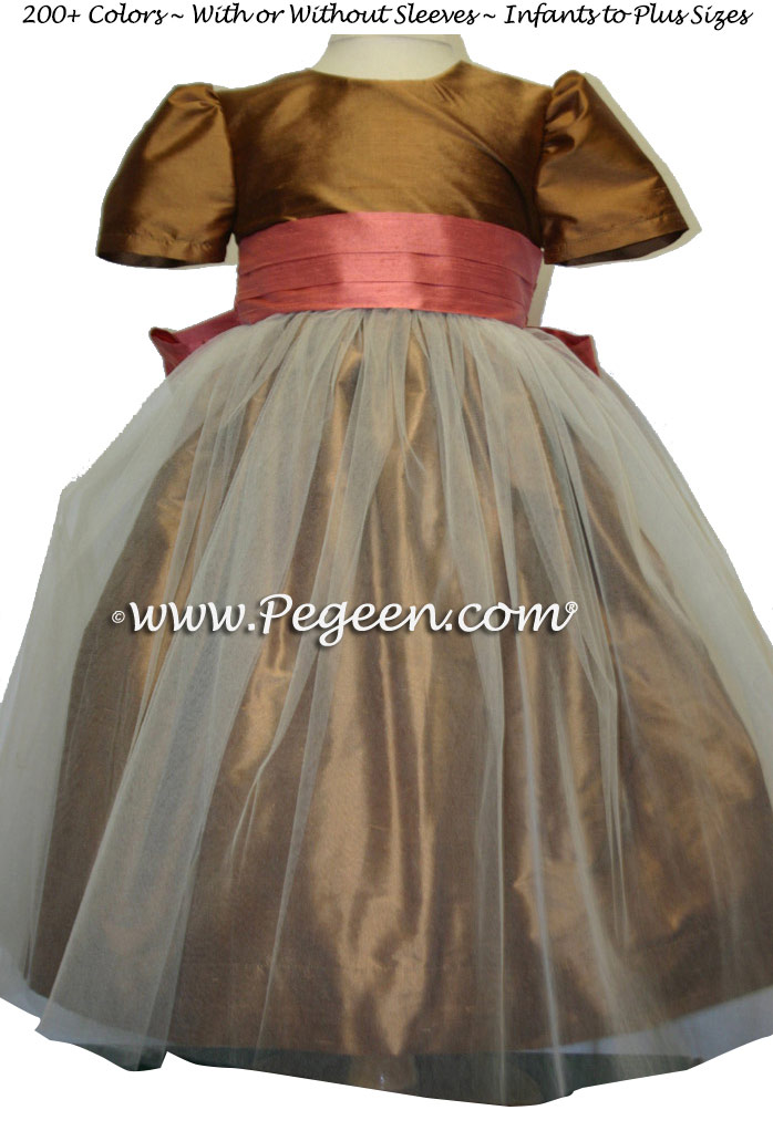 Ginger and Sunset Orange Silk and Tulle Flower Girl Dress