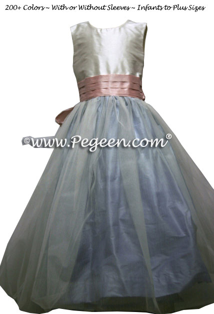 Powder Blue and Lotus Pink silk and tulle flower girl dresses in Pegeen Classic Style 356