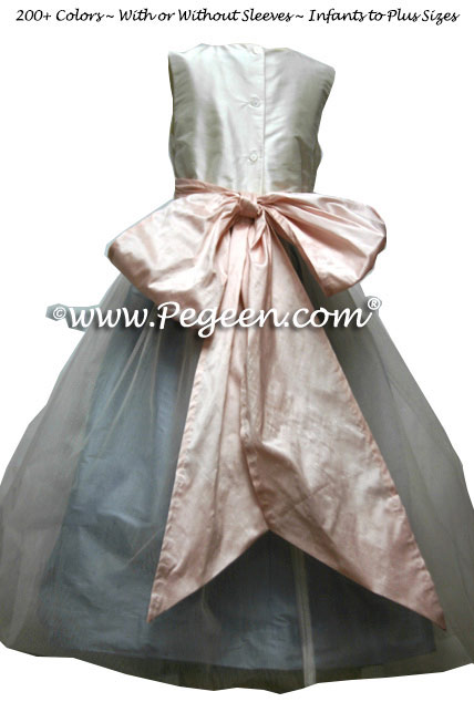 Powder Blue and Lotus Pink silk and tulle flower girl dresses in Pegeen Classic Style 356