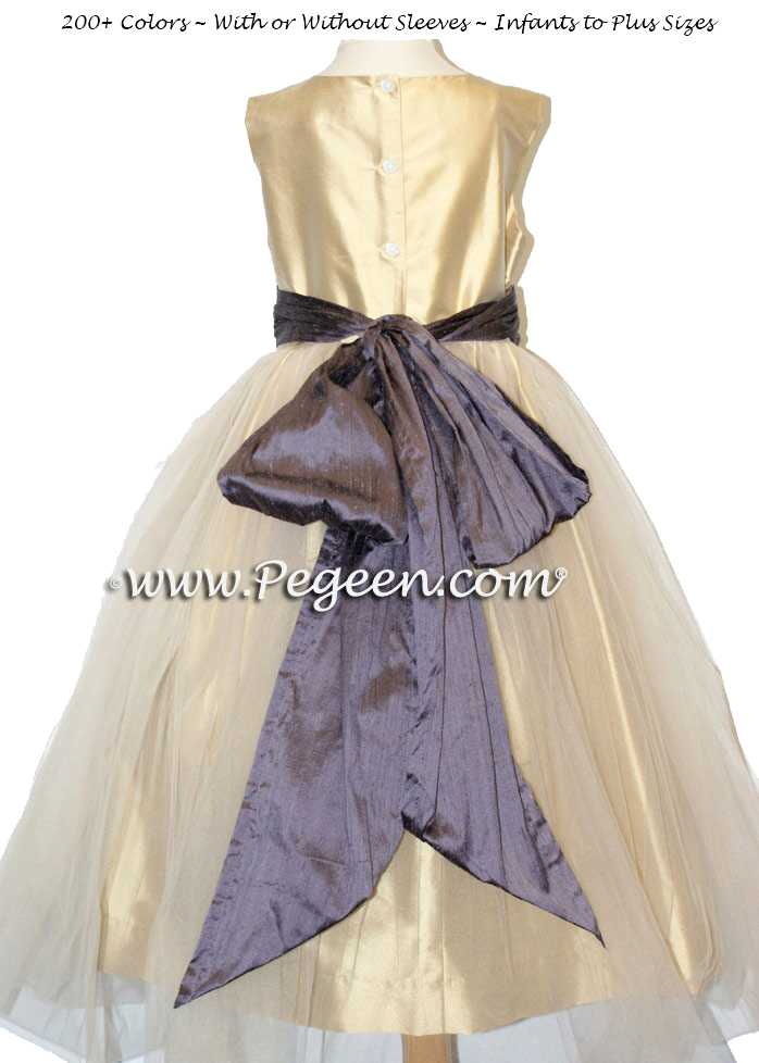 Pure Gold and Iris Lilac silk and tulle flower girl dresses in Pegeen Classic Style 356