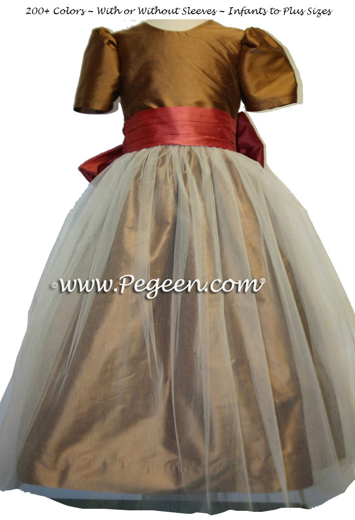 Ginger and Sunset Orange Silk and Tulle Flower Girl Dress