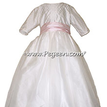 Antique White and petal pink flower girl dress with sleeves