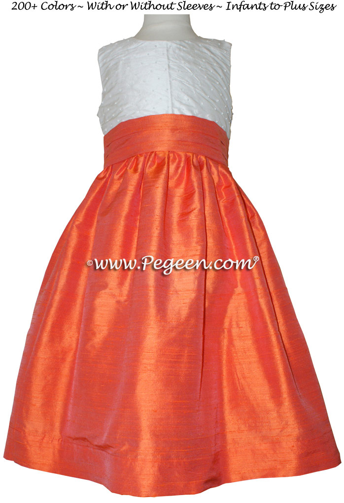 Flower Girl Dresses in Orange and Antique White silk with pearls